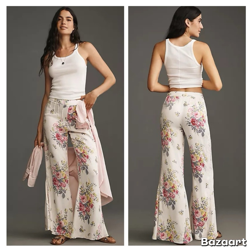 NWT By Anthropologie Floral Lace Silky Flare Pants Sz 6